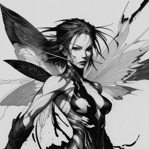 Detailed Fairy in Black and White Ink Line Art