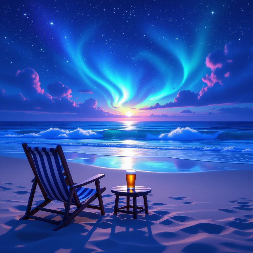 Cosmic Ocean Beach View with Starlight Waves