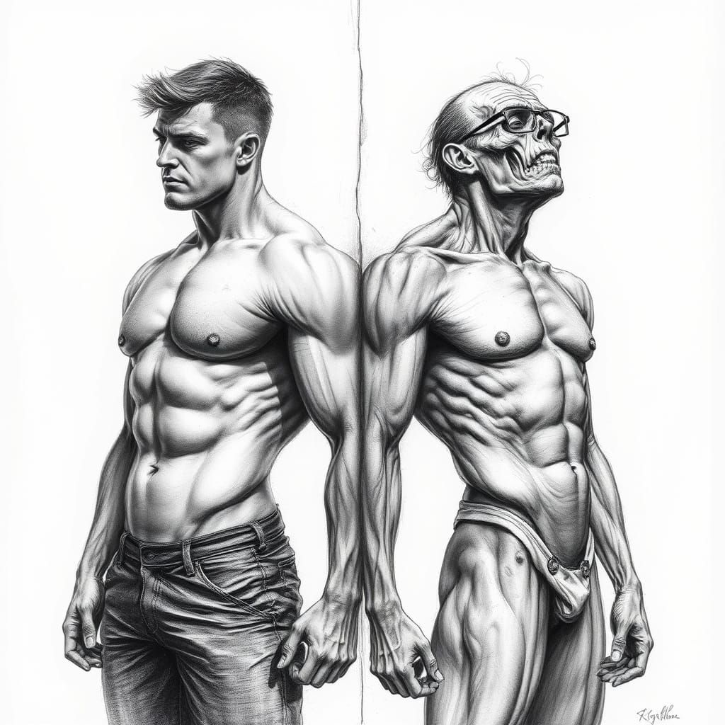 Contrasting Men: Hyperdetailed Charcoal Drawing