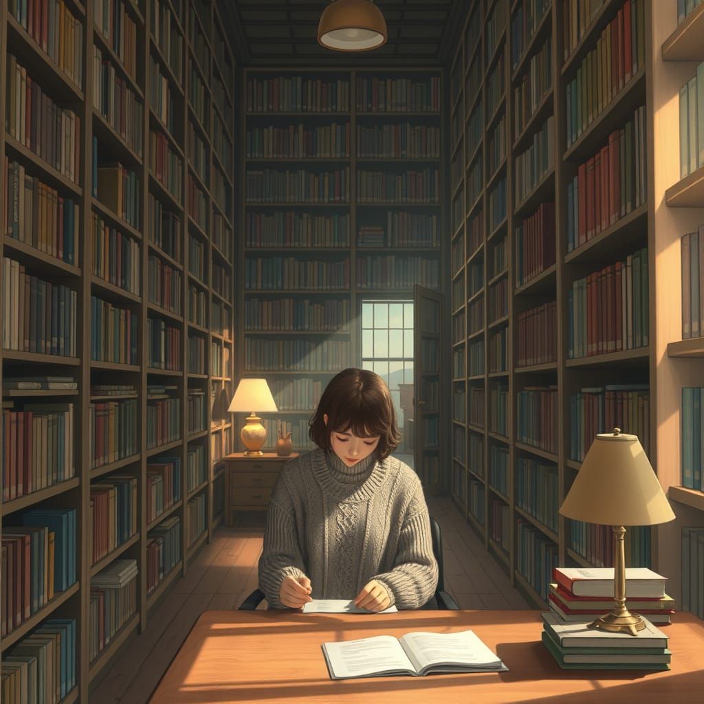 Cozy Woman in Library, Shinkai-Gurney Style