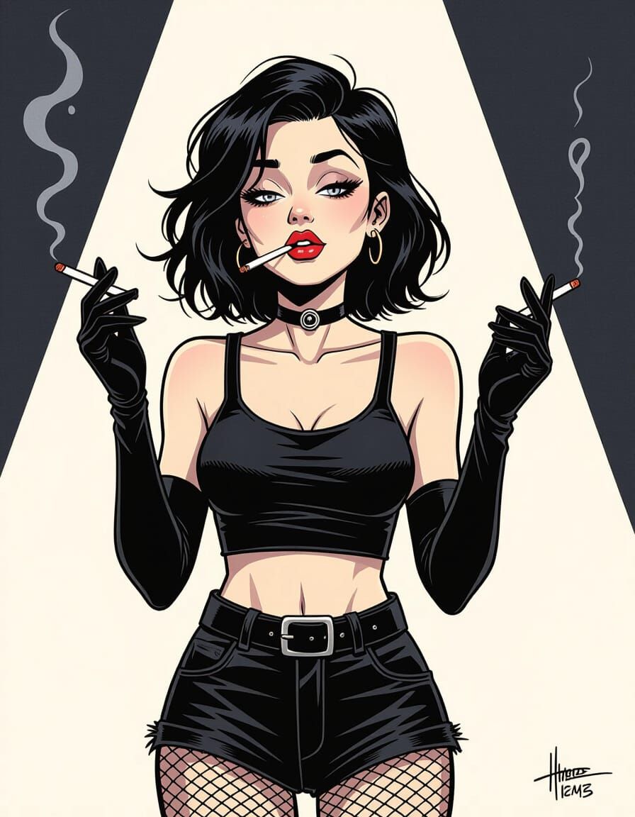 Comic Book Illustration of Woman Smoking