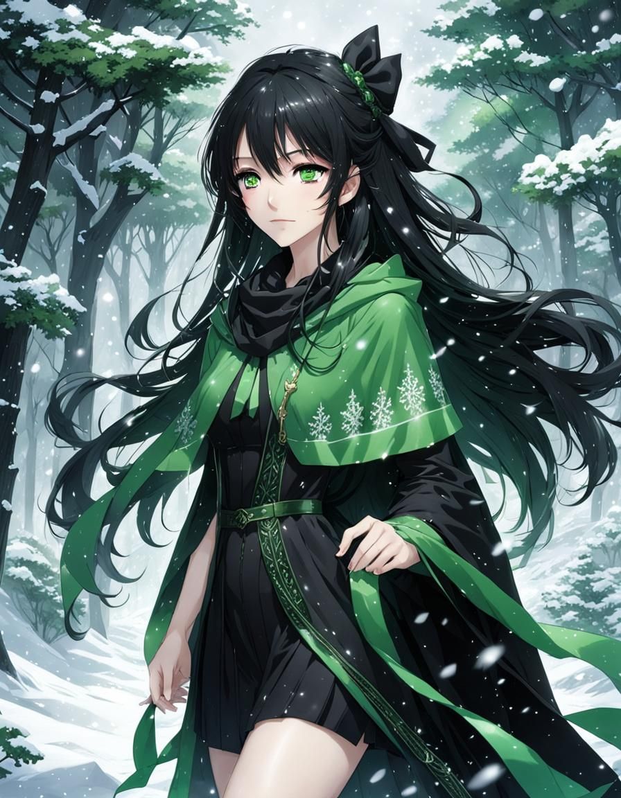 Anime Girl in Snowy Forest Fantasy