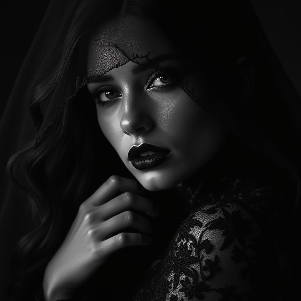 Enigmatic Beauty: Hyperrealistic Portrait in Black and White