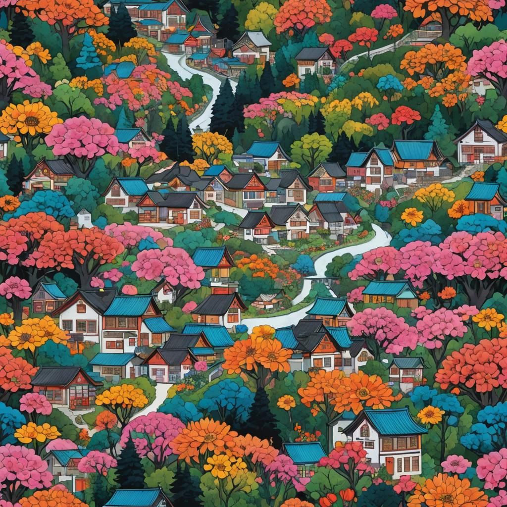 Asian Town in Forest with Rainbow Pop Art Style