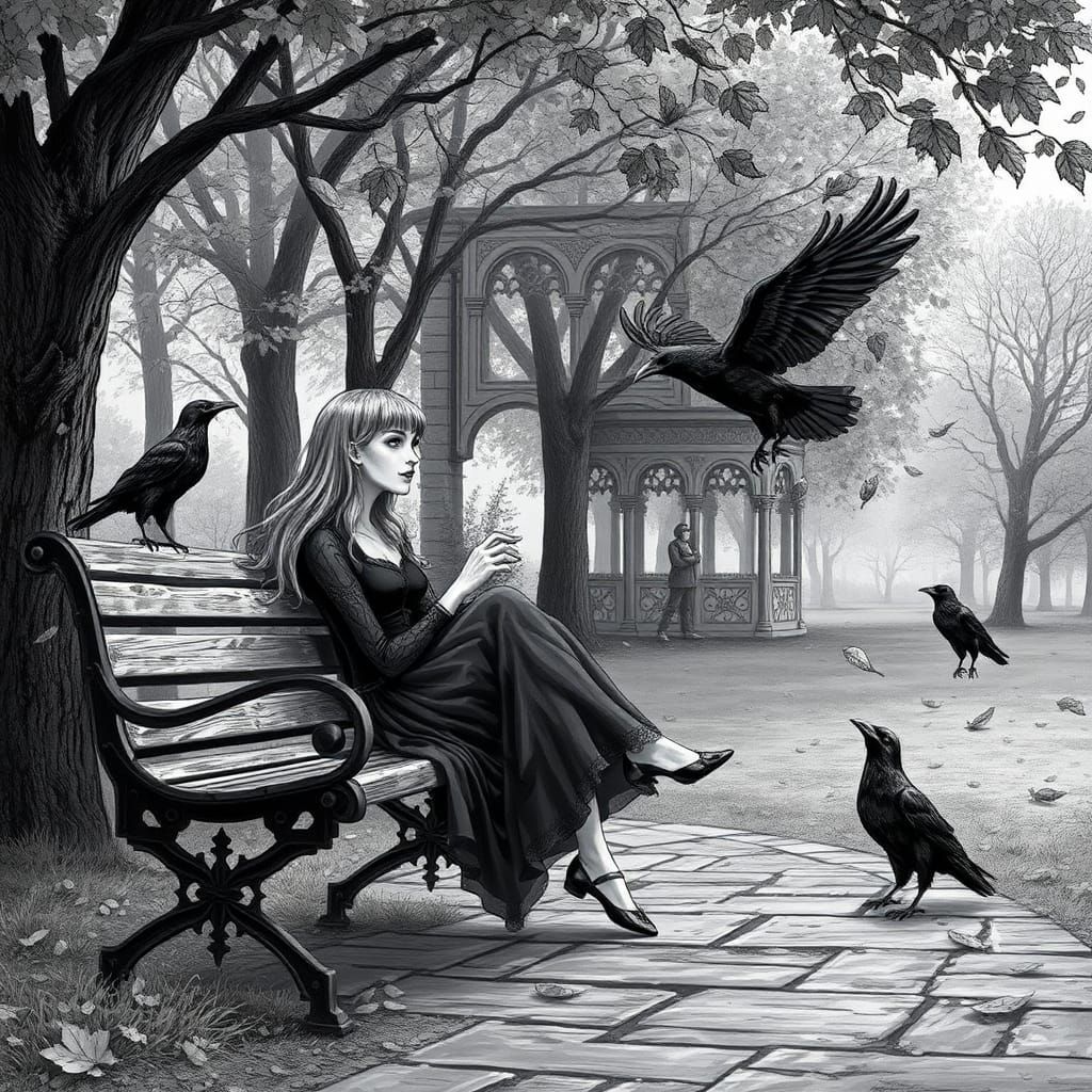 Woman in Gothic Park Feeding Crows