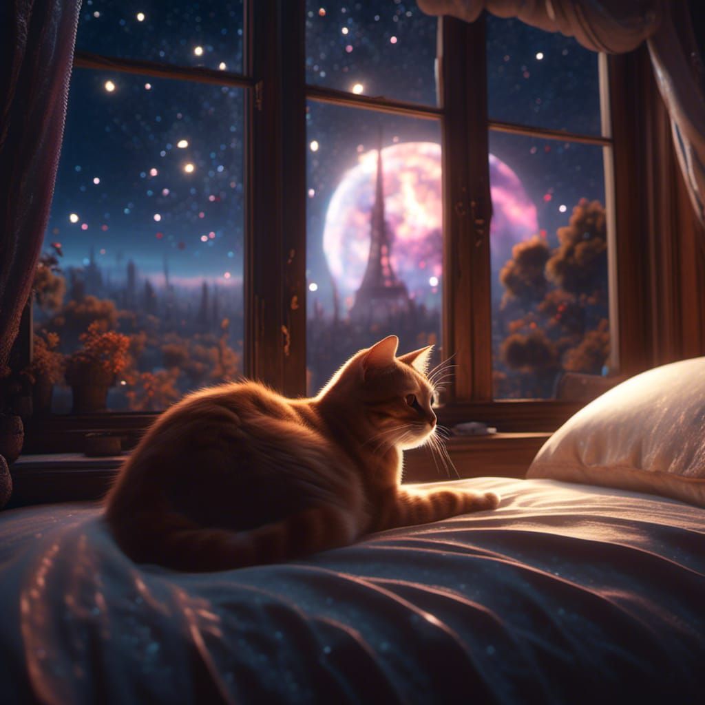 Cat Watching Sparkling Stars: Detailed Matte Painting