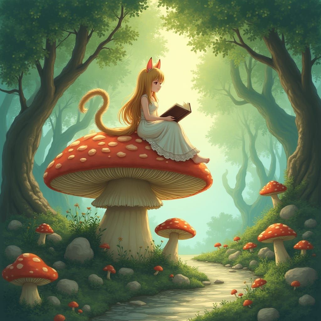 Whimsical Catgirl in Dreamlike Forest