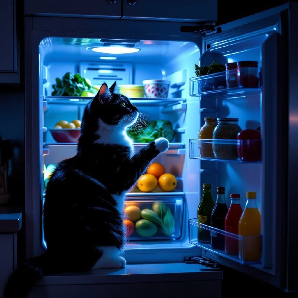 Fluorescent Cat Raids Fridge in Dark Kitchen