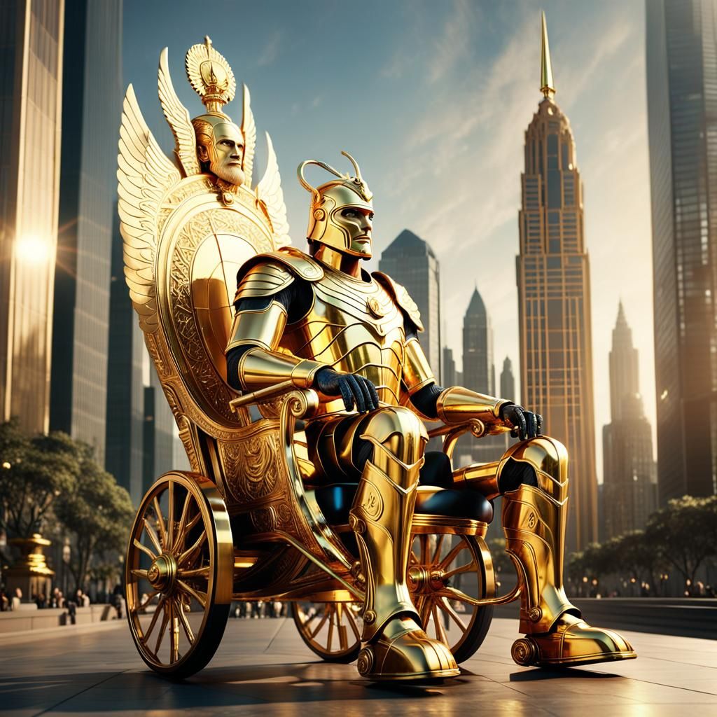 Golden Charioteer Rides Sphinxes in Baroque Cityscape