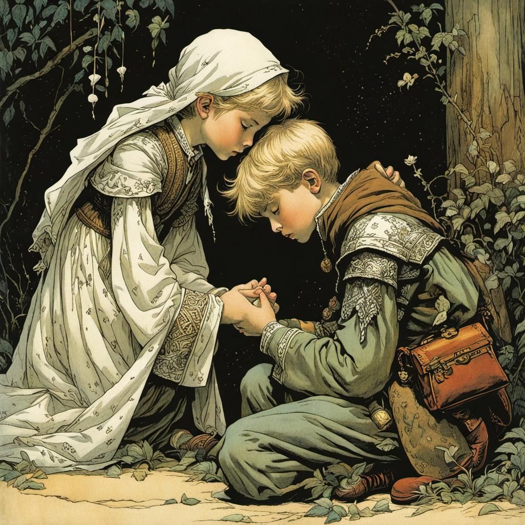 Brother Comforts Lovesick Sister: Whimsical Illustration