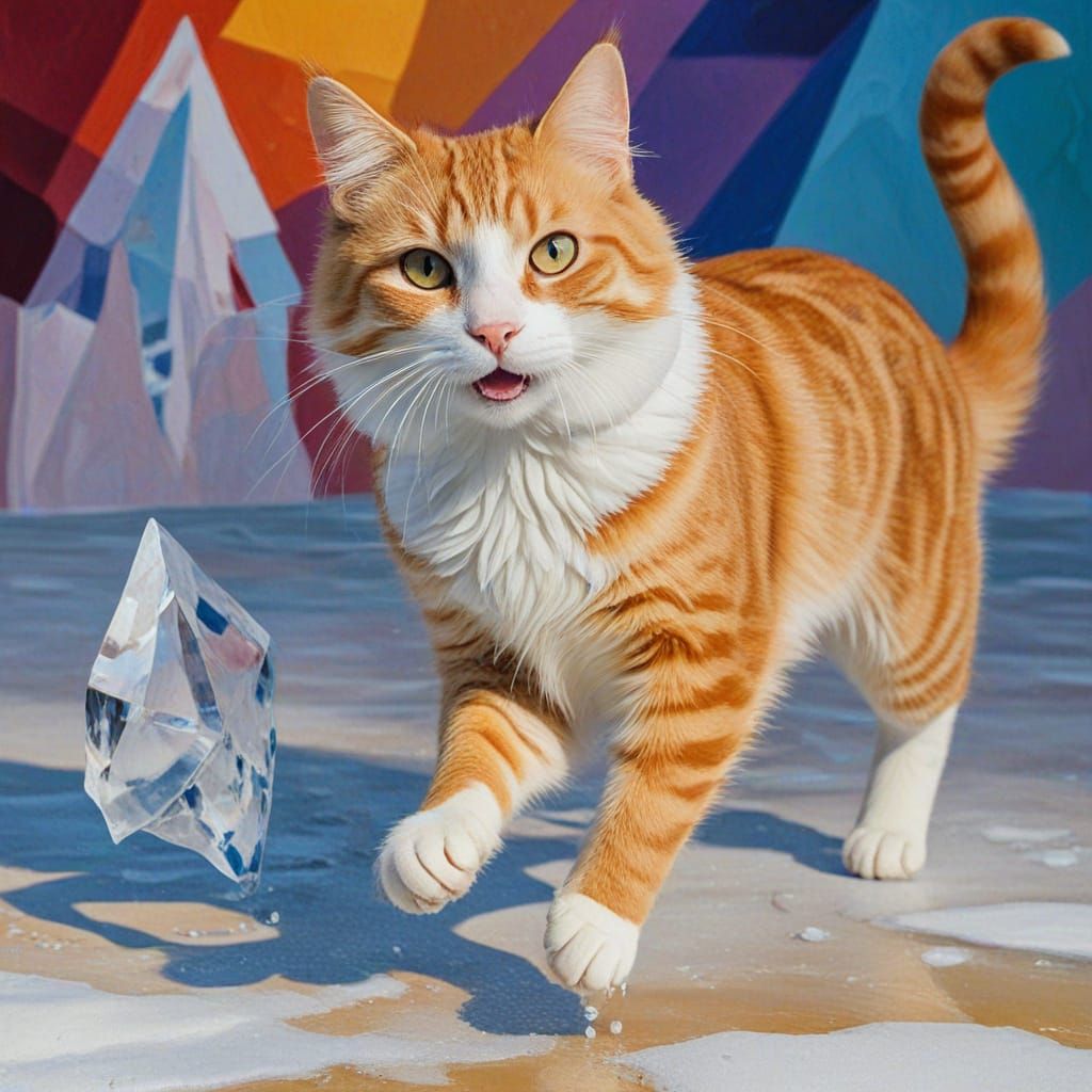 Cubist Cat on Ice with Fauvist Expressionism