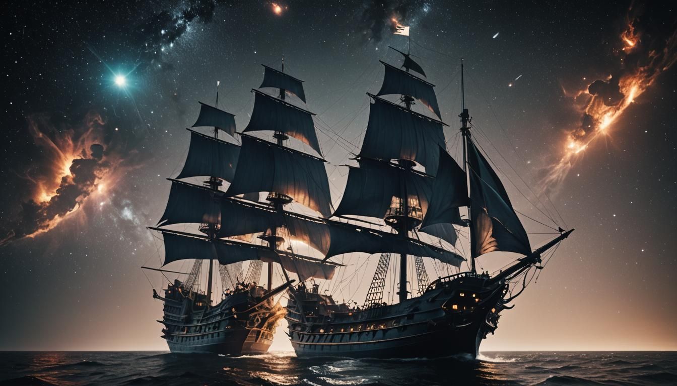 Futuristic Pirate Ship Soaring Through Deep Space