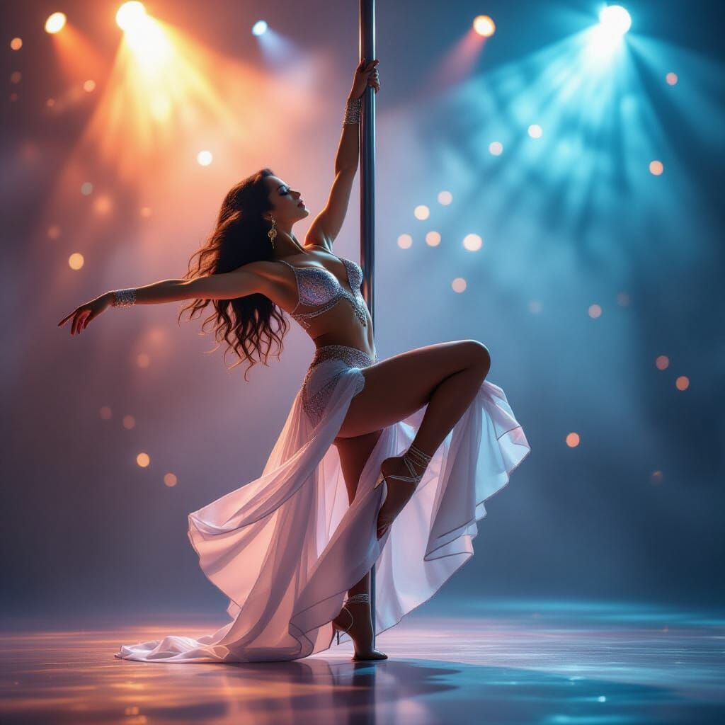 Elegant Dancer on Pole with Bokeh, Dreamy Art