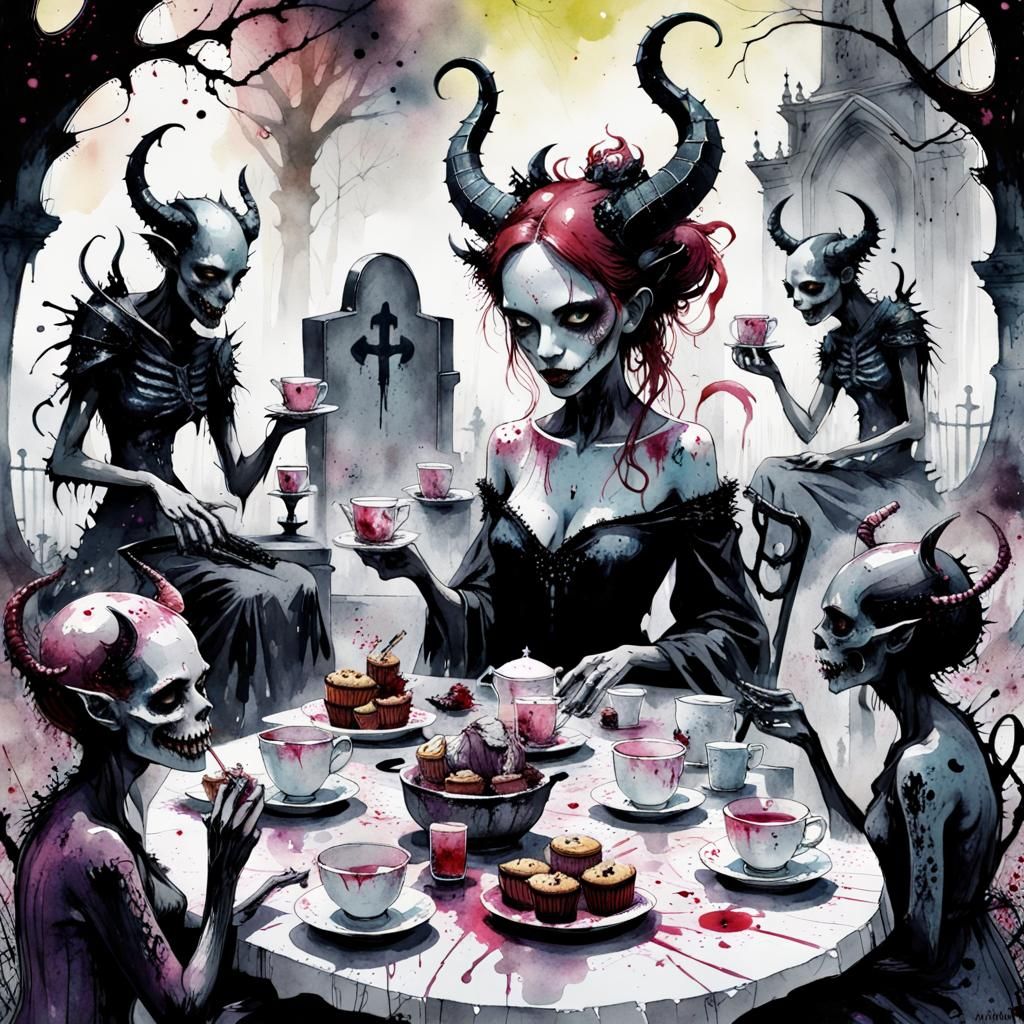 Demoness Tea Party in Graveyard, Watercolor Style