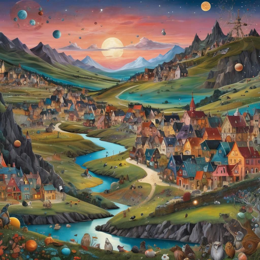 Whimsical Cats and Owls in Vibrant Sunset Village