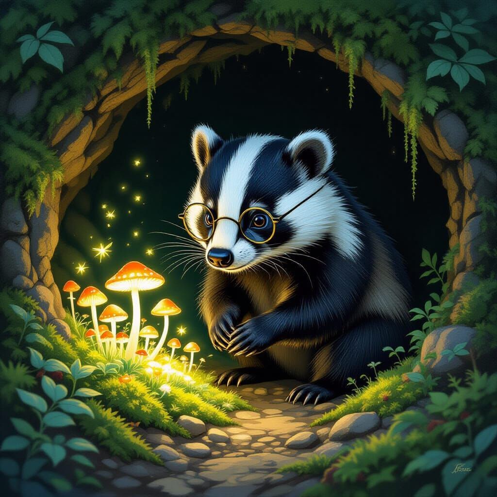 Wise Badger Tends Magical Glowing Garden in Burrow