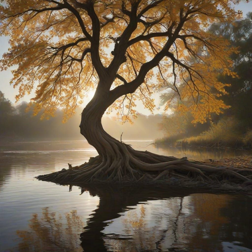 Majestic Maple Tree on the Riverbank in Dawn's Warm Glow