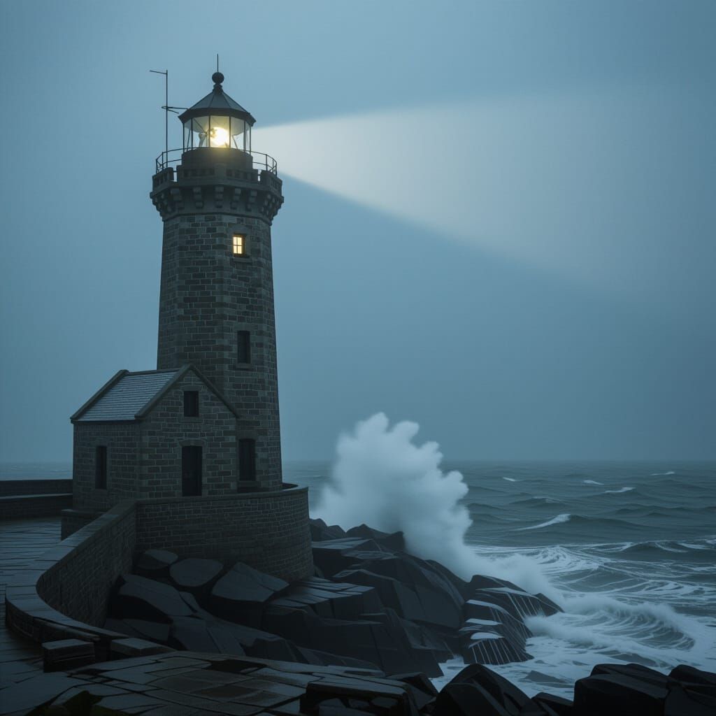 Stormy Lighthouse Beam Pierces Fog Over Jagged Rocks