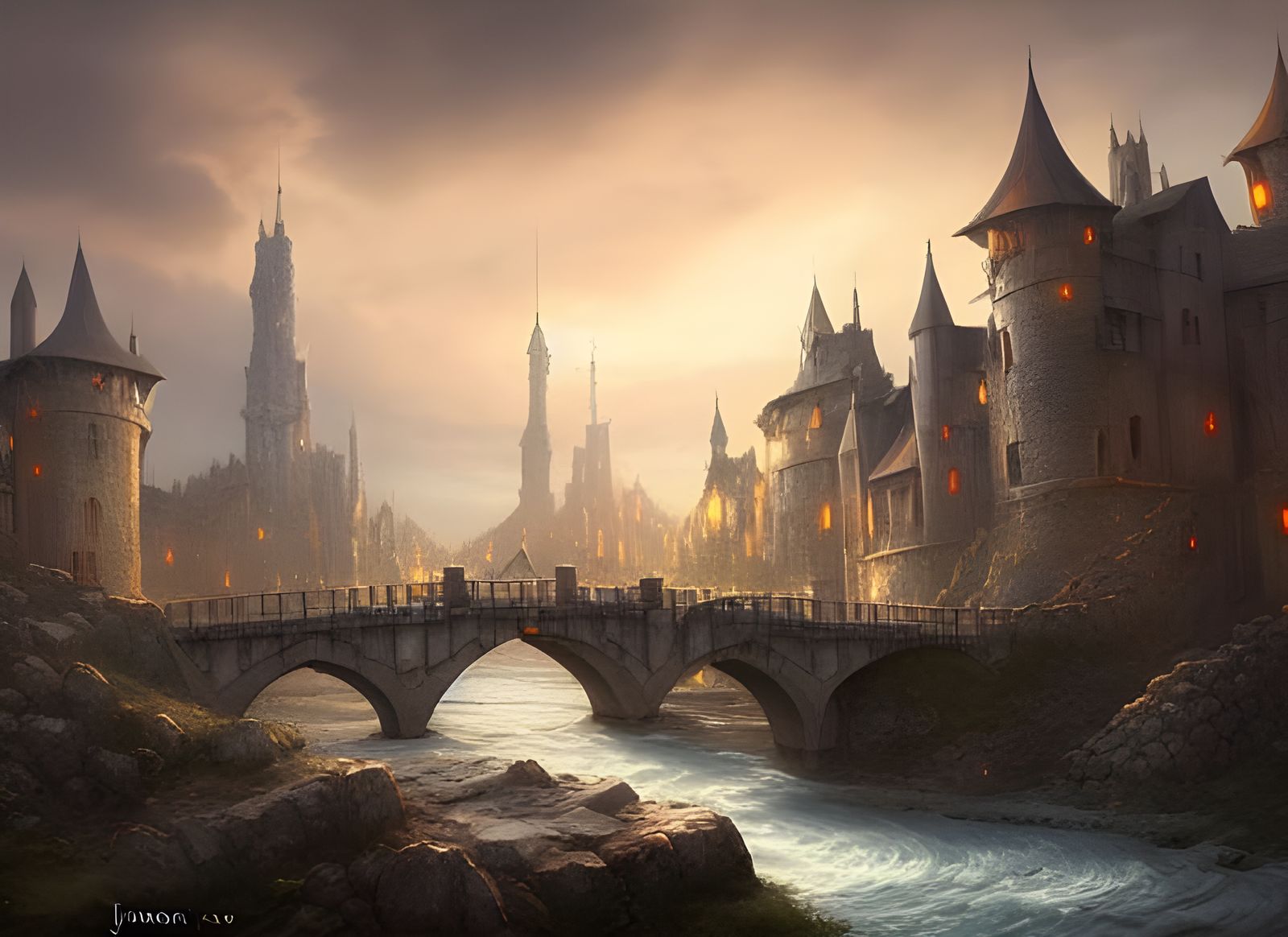 High Fantasy Medieval Town Bridge Art