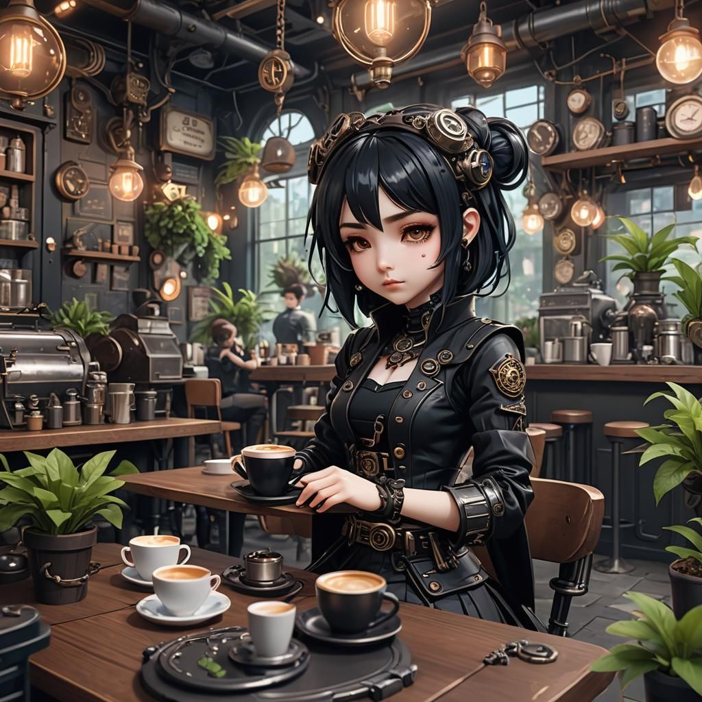 Cyberpunk Goth Anime Girl in Coffee Shop