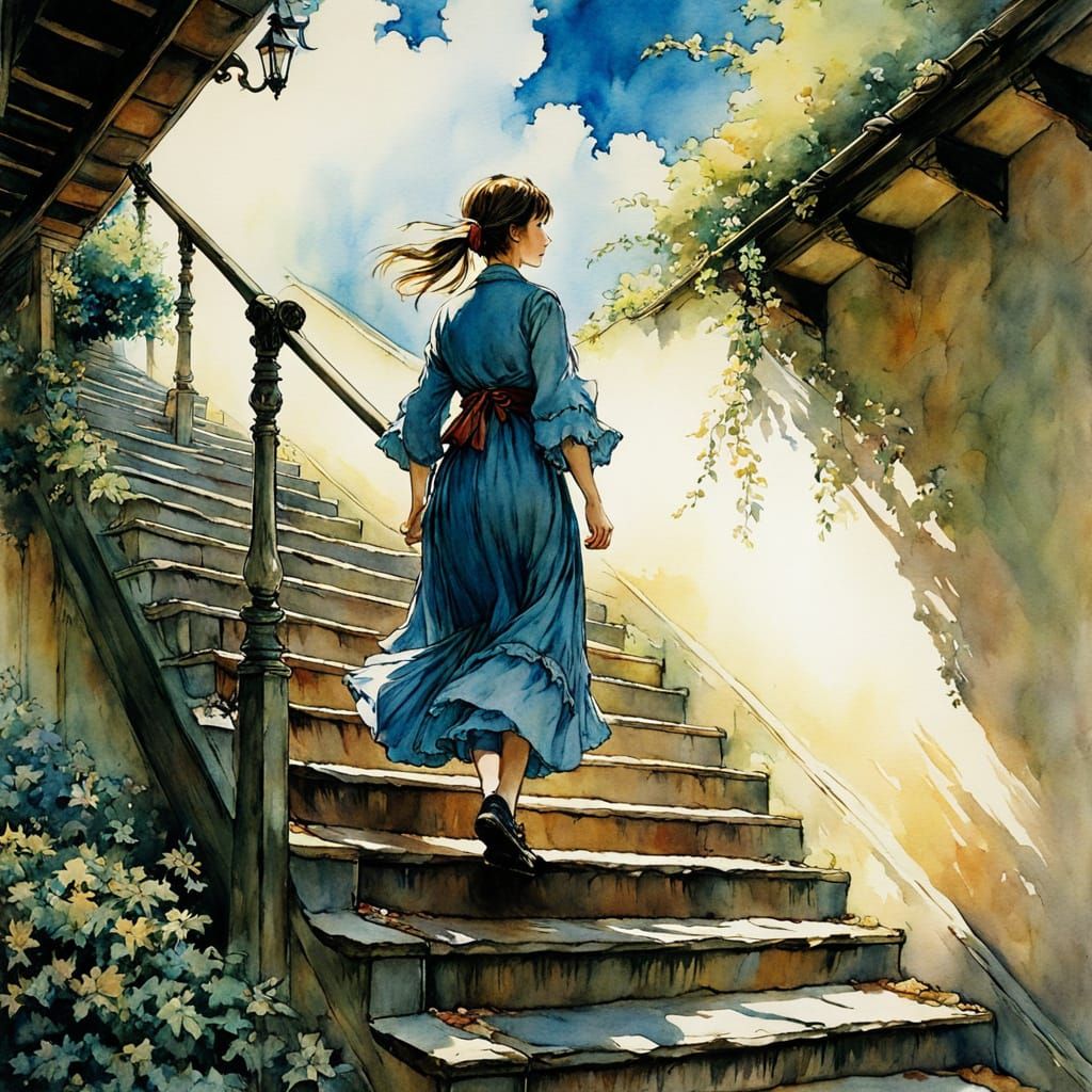 Whimsical Girl Descends Stairs in Vibrant Watercolor Style