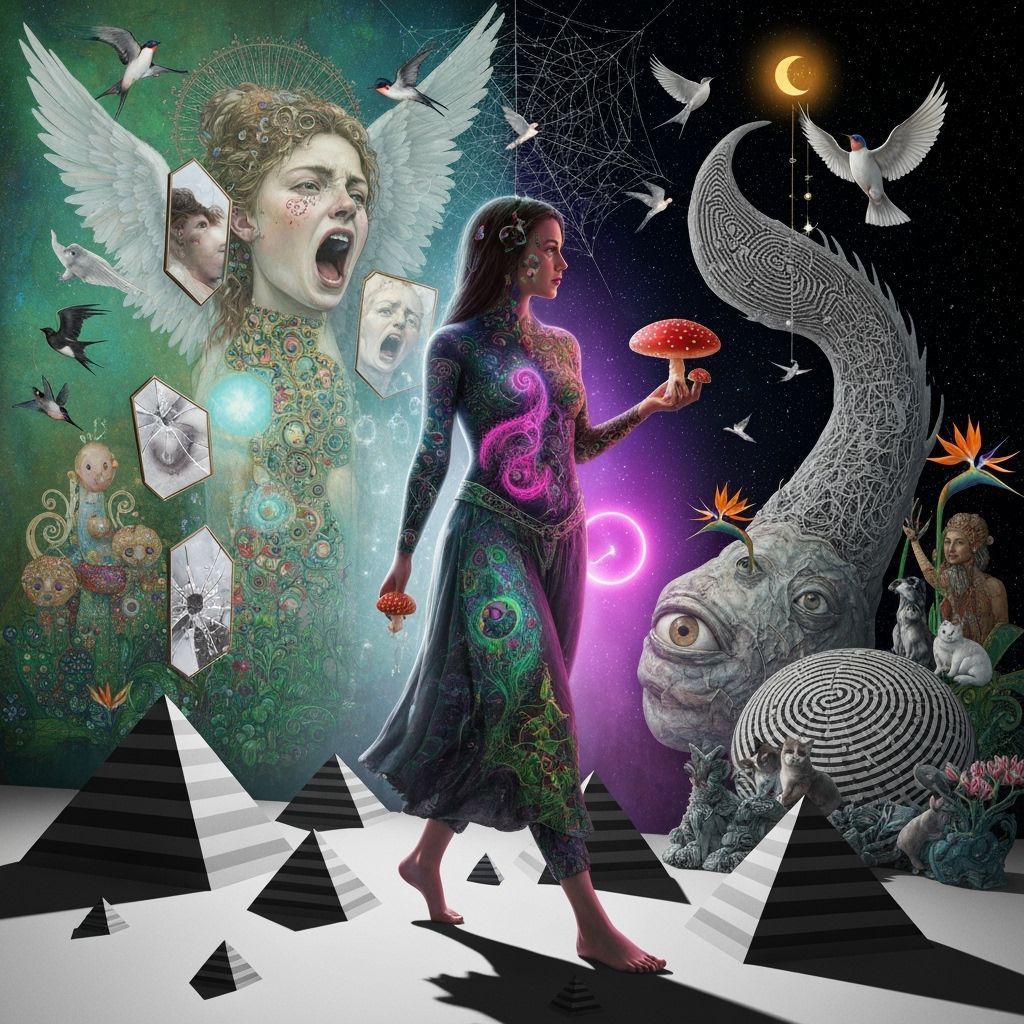 Mystical Woman on Surreal Pyramids with Ethereal Light