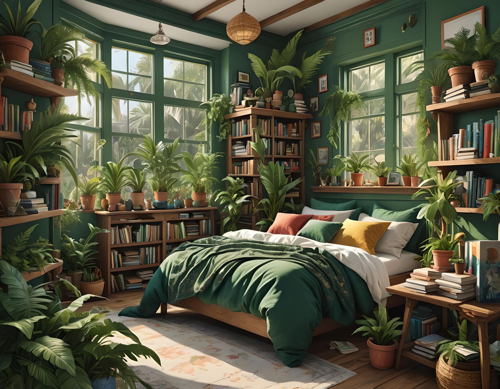 Sunlit Green Bedroom with Plants in Hyperrealistic Style