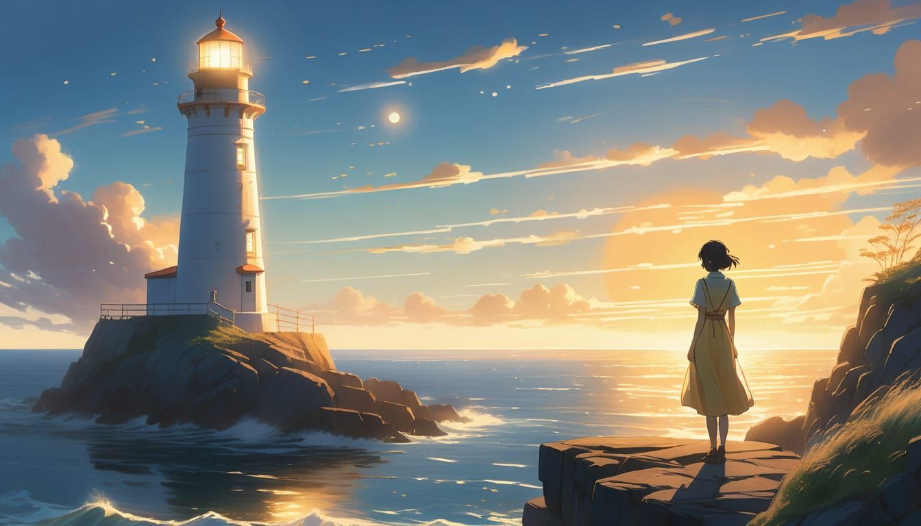 Anime Girl and Lighthouse in Makoto Shinkai Style