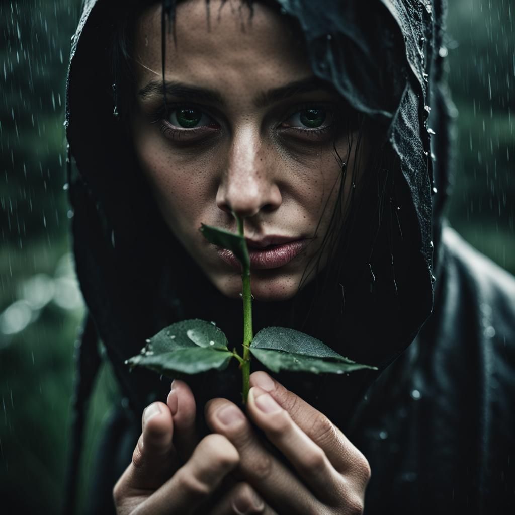 Melancholic Portrait of a Girl in Rain with Rose