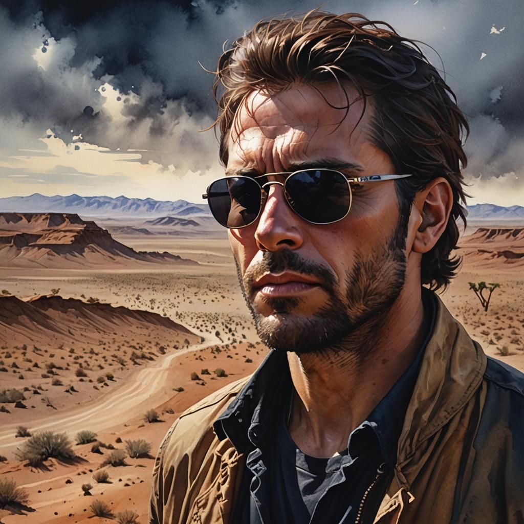 Moody Watercolor Portrait of Man in Desert