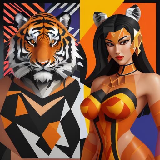 Cubist Tiger King and Queen in Geometric Fauvism