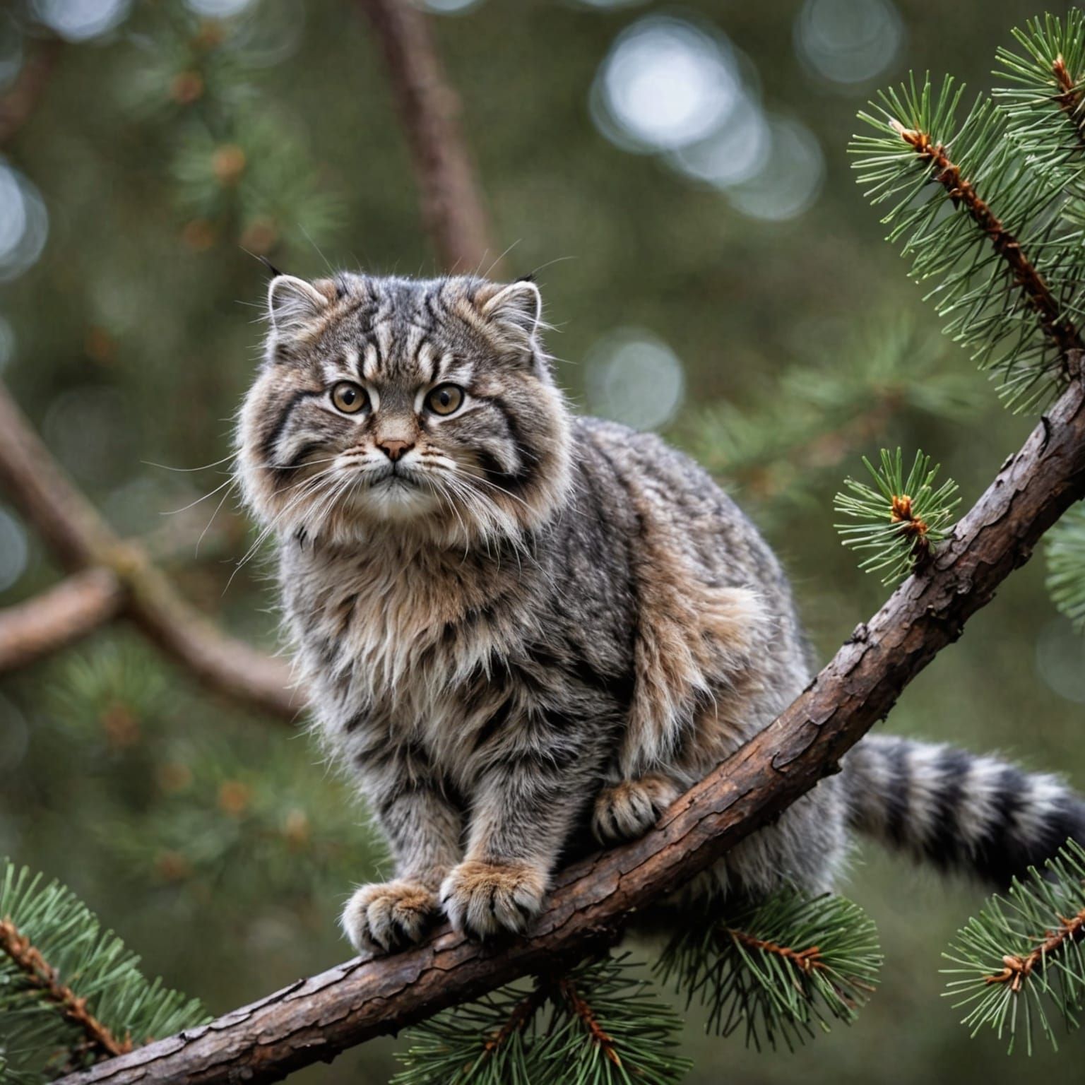 Pallas Cat Perched on Pine Branch Photo