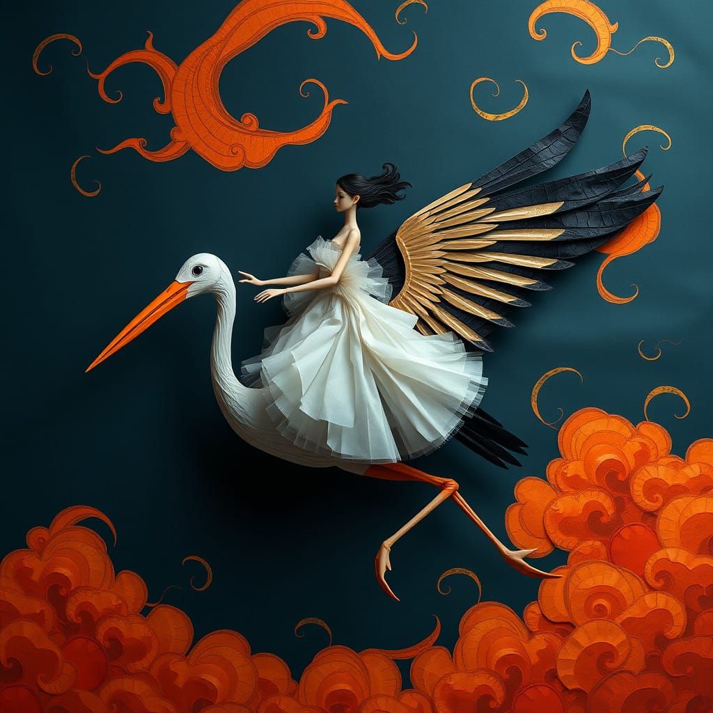 Elegant Paper Doll Rides Majestic Paper Stork Against Gilded...