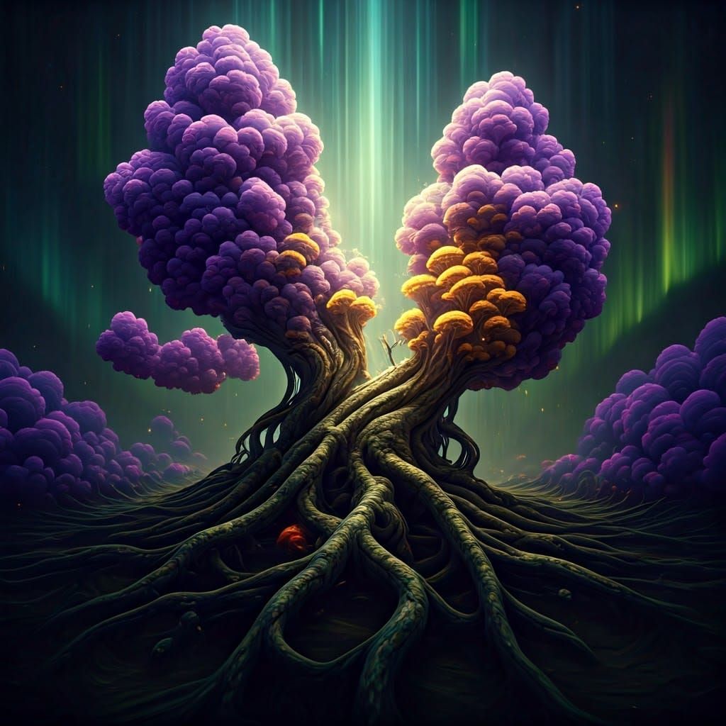 Surreal Bioluminescent Landscape with Aurora Borealis