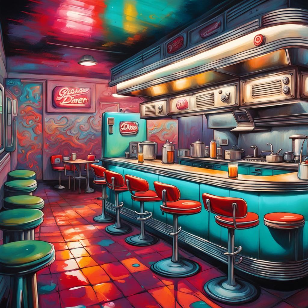 Underwater Retro Diner in Graffiti Art Style
