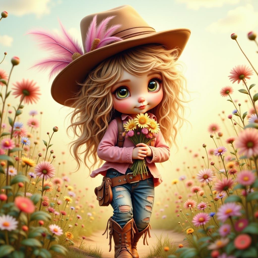 Cherubic Cowgirl in a Whimsical Wildflower Field