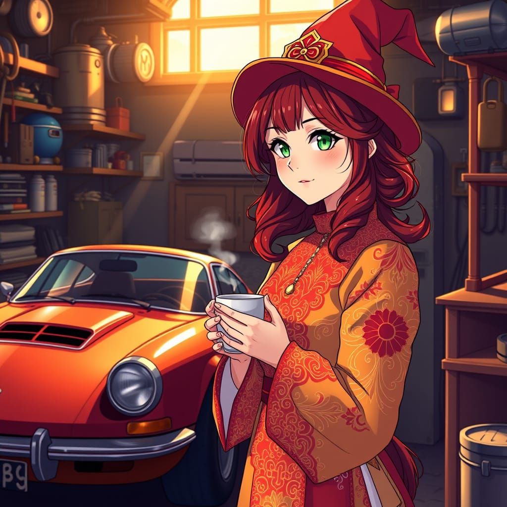 Anime Woman in Vintage Workshop with Coffee and Sports Car