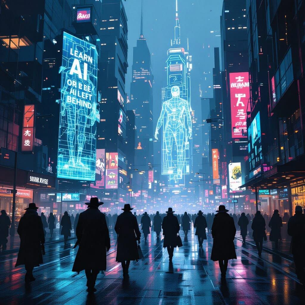 Cyberpunk Metropolis at Dusk with AI Holograms