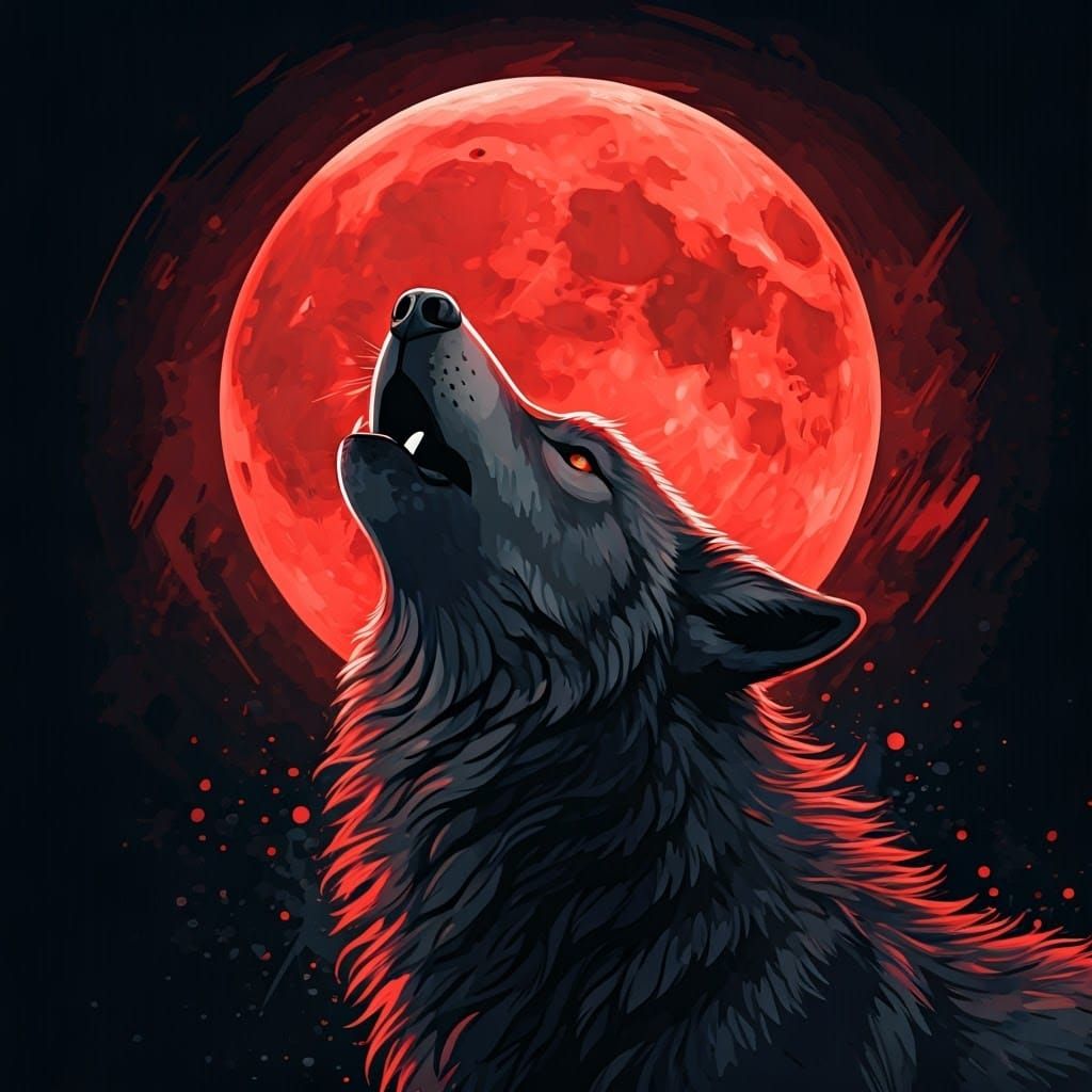 Black Wolf Howling at Red Moon in Graphic Style