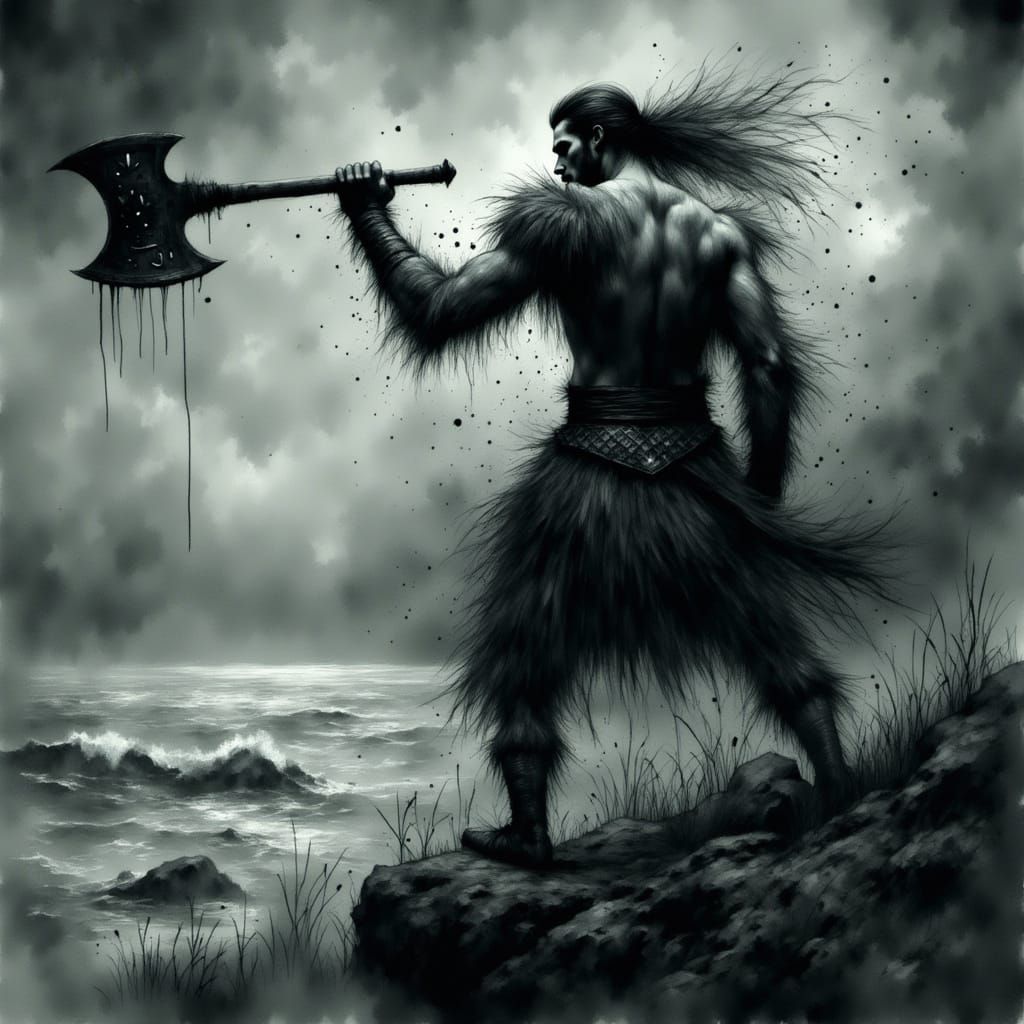 Stoic Viking Warrior on Windswept Cliff