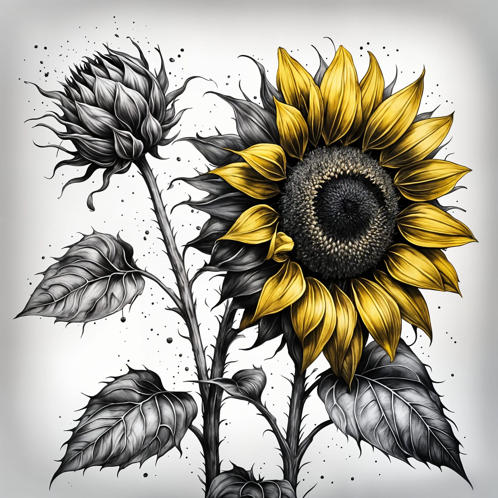 Sunflower Blooms on Ink Drawn Stalk, Fantasy Concept Art