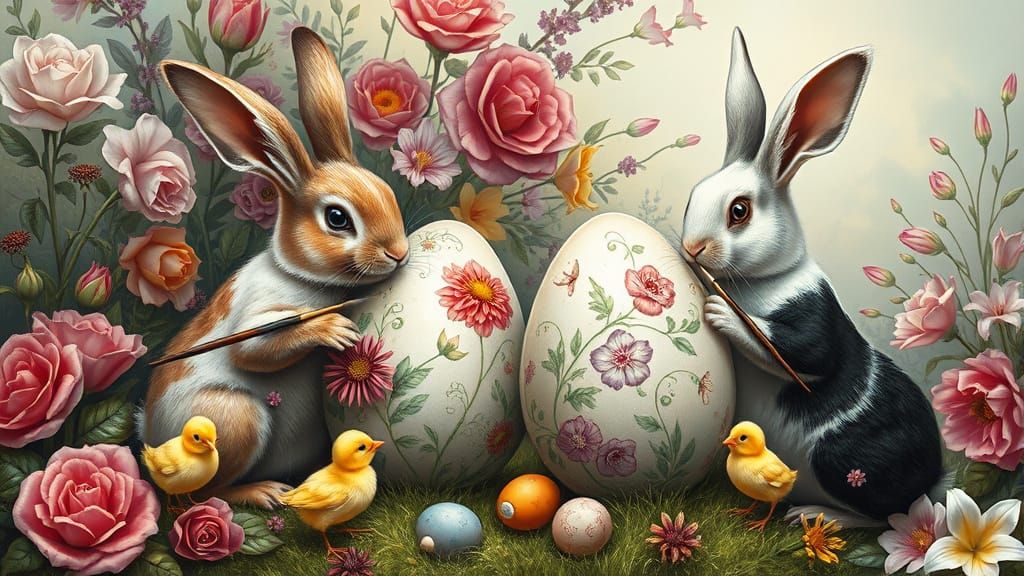Rabbits and Chicks Painting Easter Eggs in Fantasy Landscape