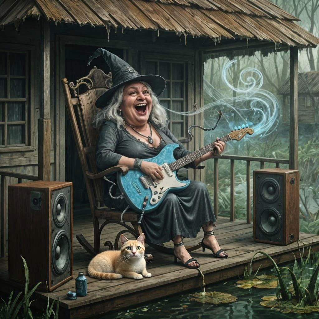 Laughing Rockstar Witch with Voodoo Guitar, Dieselpunk Style