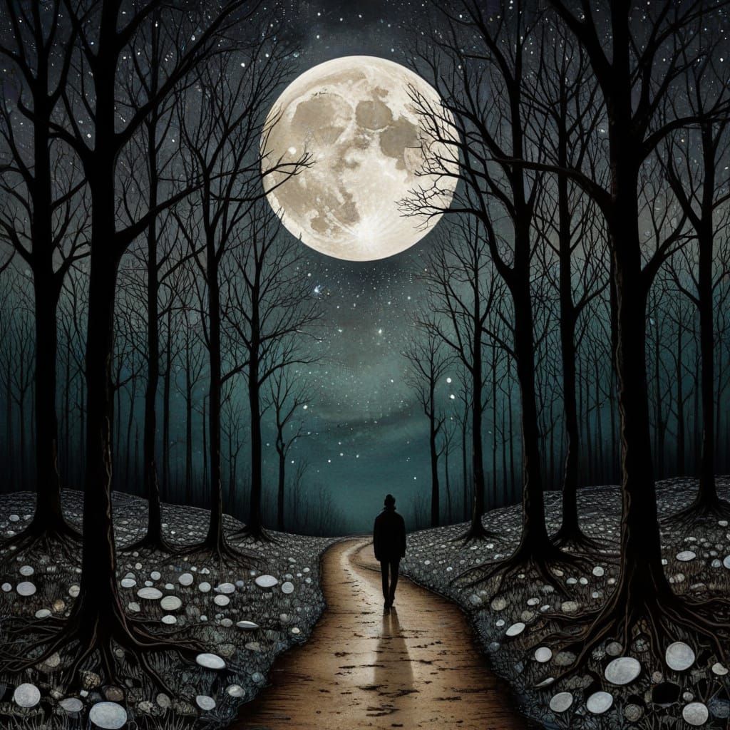 Mysterious Traveler Navigates Moonlit Forest