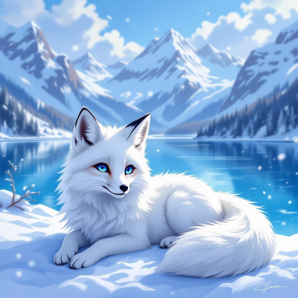 Anime Fox in Snowy Mountain Landscape