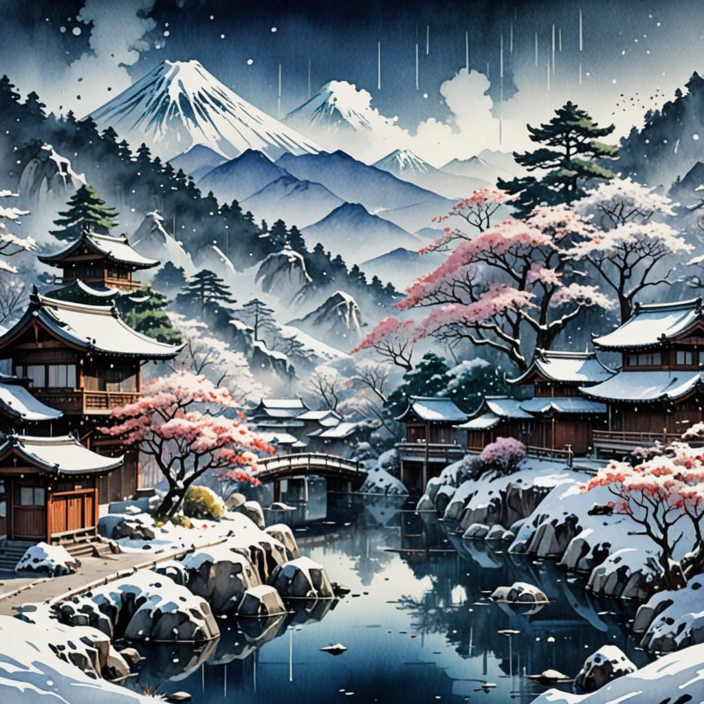 Whimsical Japanese Winter Wonderland in Vibrant Watercolor