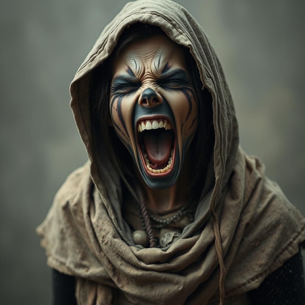 Screaming Hooded Occultist in Apocalyptic Art
