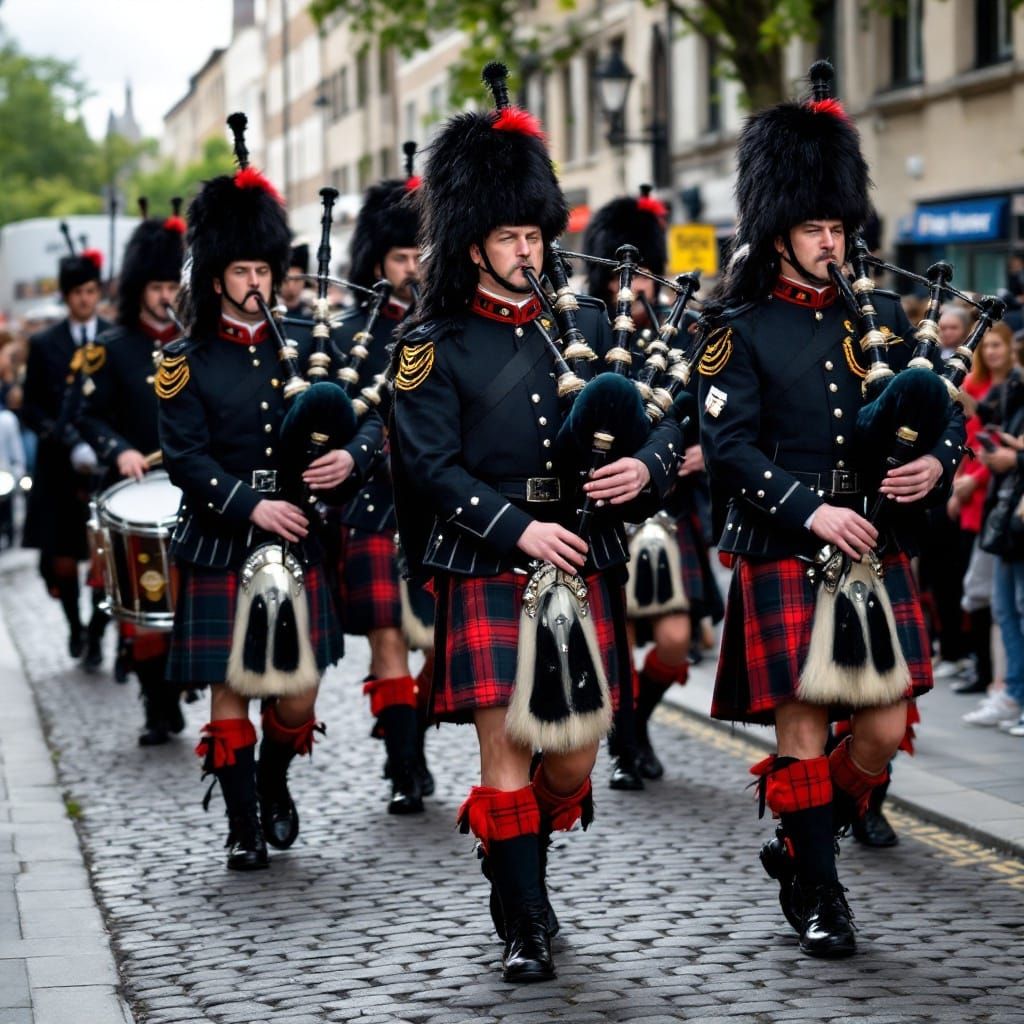 Military Bagpipe Band in Tartan Kilts Parade