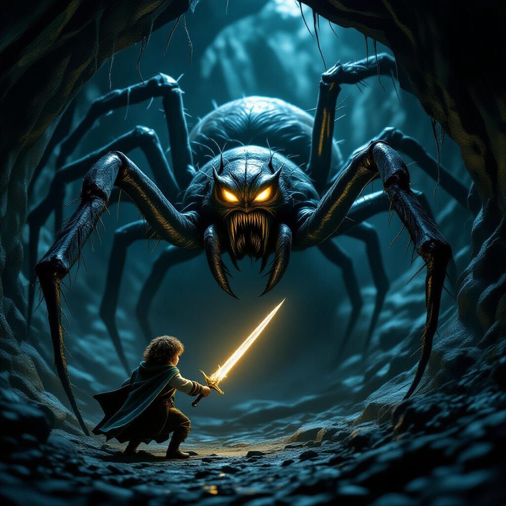 Frodo Battles Shelob in Dark Cave