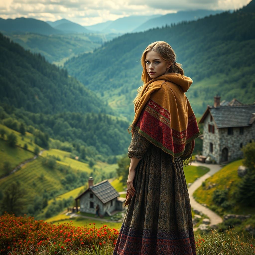 Surrealistic Galician Landscape with Serene Woman in Traditi...
